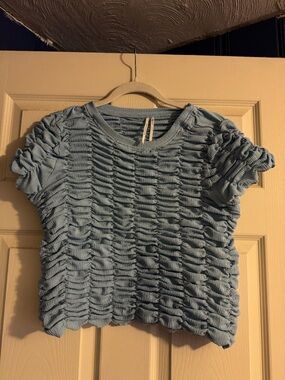 Anthropologie Light Blue Ruched Textured Knit Top